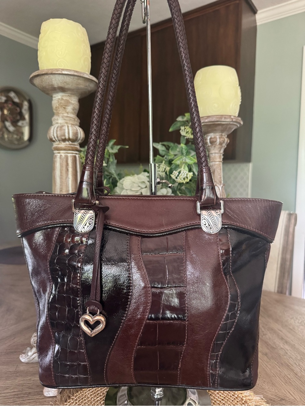 EUC Brighton Dark Brown Leather Patchwork Shoulder Bag w/ Stylish Braided Straps